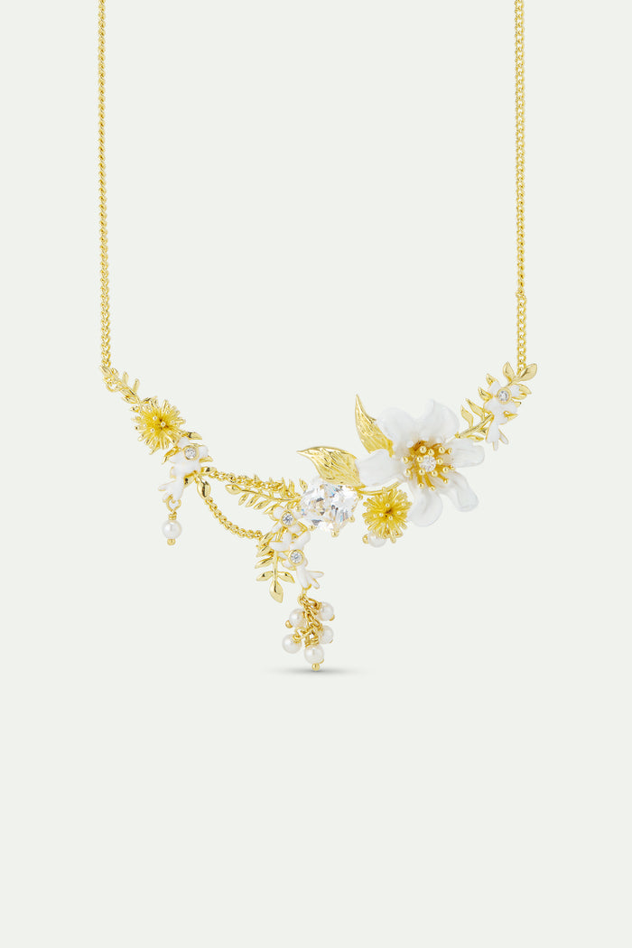 les néréides Large Clematis Flower Laurel Japanese Kerria and Cultured Pearls Statement Necklace - White