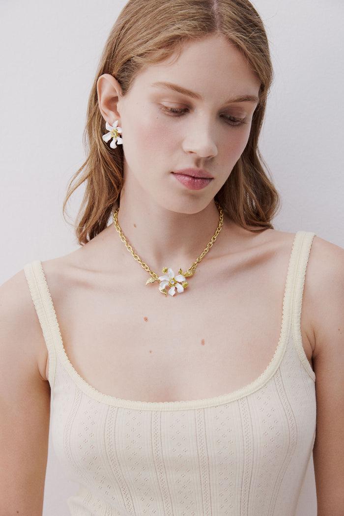 Les Néréides Large White Clematis Flower Post Earrings - White