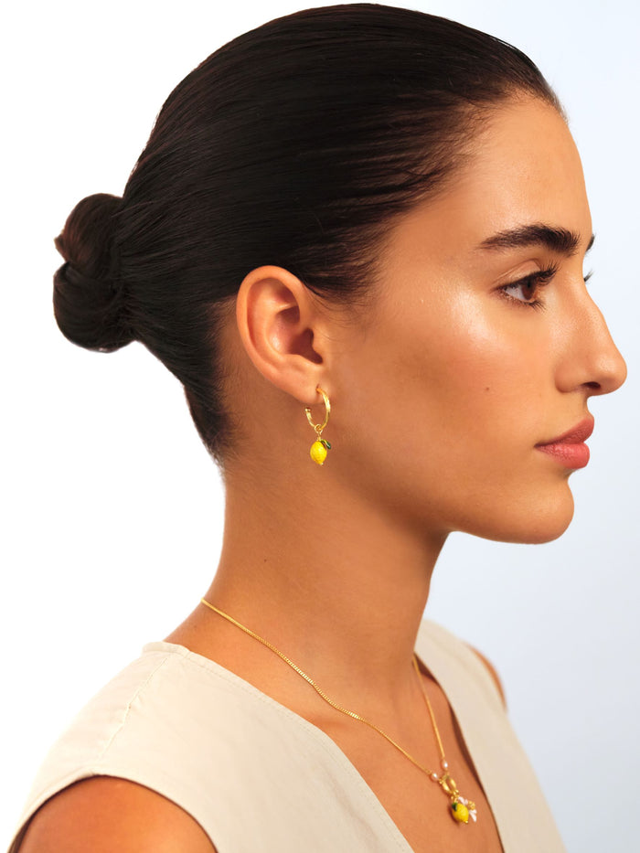 Les Néréides Lemon And Lemon White Blossom Post Hoop Earrings - Yellow