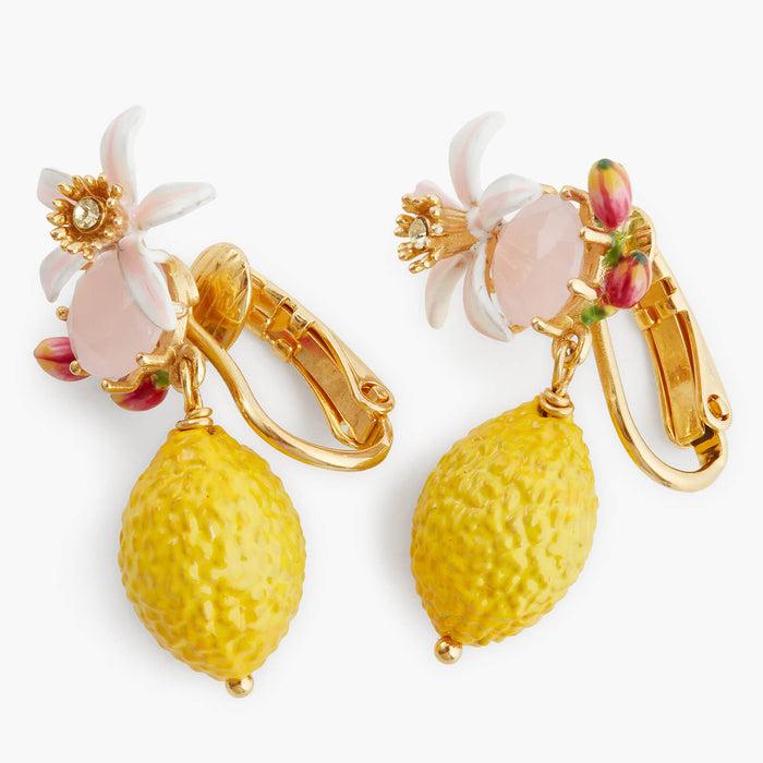 Les Néréides Lemon Flower And Faceted Glass Clip-On Earrings - Jaune