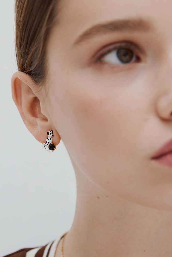 Les Néréides Les Néréides Loves Animals - Asymmetrical Post Earrings With Dalmatian And Black Round Faceted Stone - Multicolor