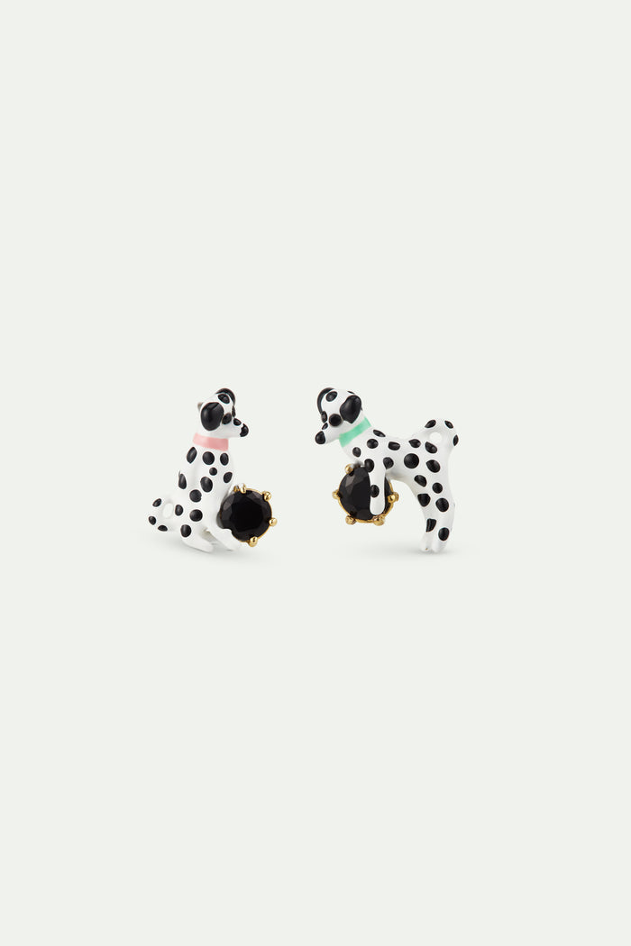 les néréides Les Néréides Loves Animals - Asymmetrical Post Earrings with Dalmatian and Black Round Faceted Stone - Multicolor