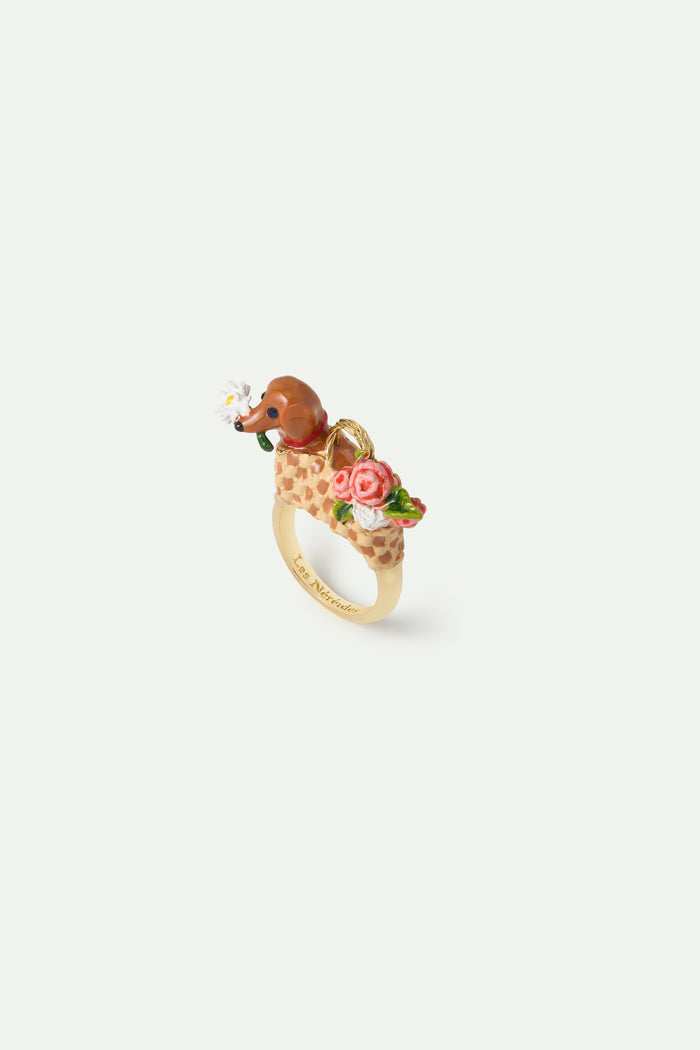 les néréides Les Néréides Loves Animals - Basket Dachshund and Bunch of Flowers Cocktail Ring - 5.5 (50 mm) / Multicolor