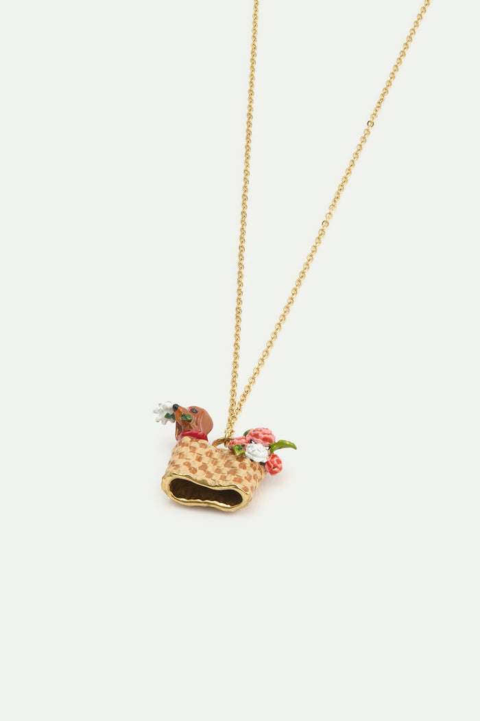 Les Néréides Les Néréides Loves Animals - Basket Dachshund And Flower Pendant Necklace - Multicolor
