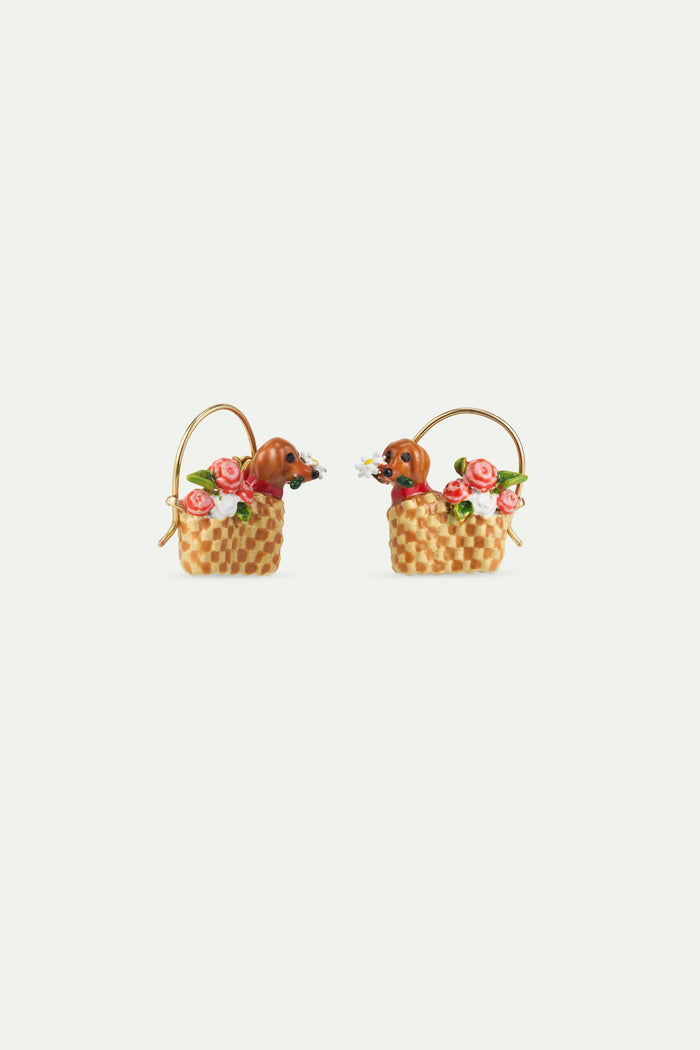 Les Néréides Les Néréides Loves Animals - Basket Dachshund And Flower Sleeper Earrings - Multicolor