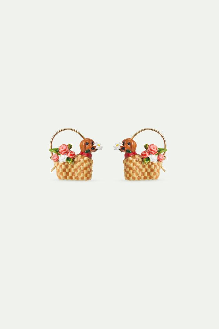 les néréides Les Néréides Loves Animals - Basket Dachshund and Flower Sleeper Earrings - Multicolor