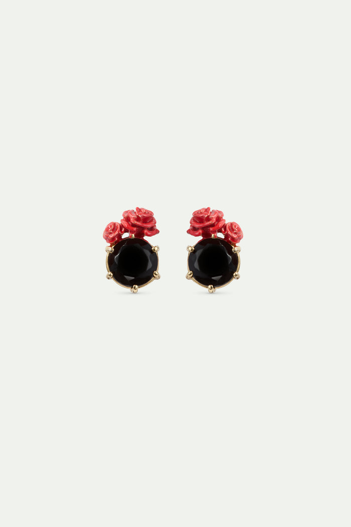 les néréides Les Néréides Loves Animals - Black Faceted Stone and Red Rose Post Earrings - Multicolor