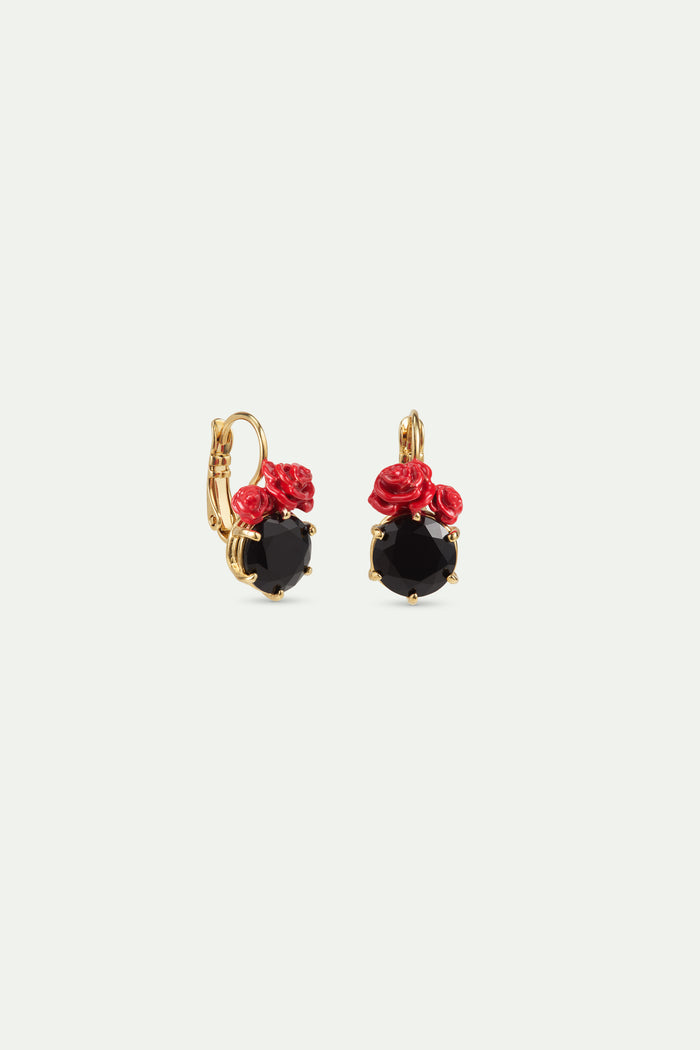 Les Néréides Les Néréides Loves Animals - Black Faceted Stone And Red Rose Sleeper Earrings - Multicolor