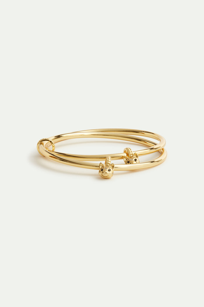 Les Néréides Les Néréides Loves Animals - Cat Head Double Golden Cuff Bracelet - S / Gold