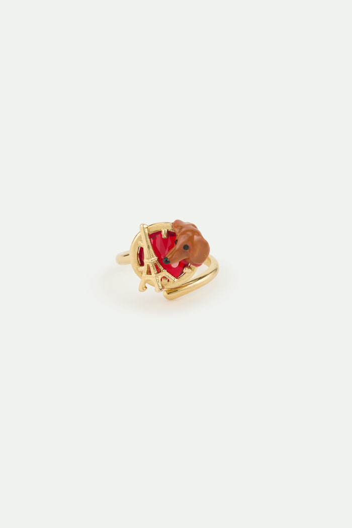 Les Néréides Les Néréides Loves Animals - Dachshund Adjustable Ring With Eiffel Tower And Garnet Red Stone - Multicolor