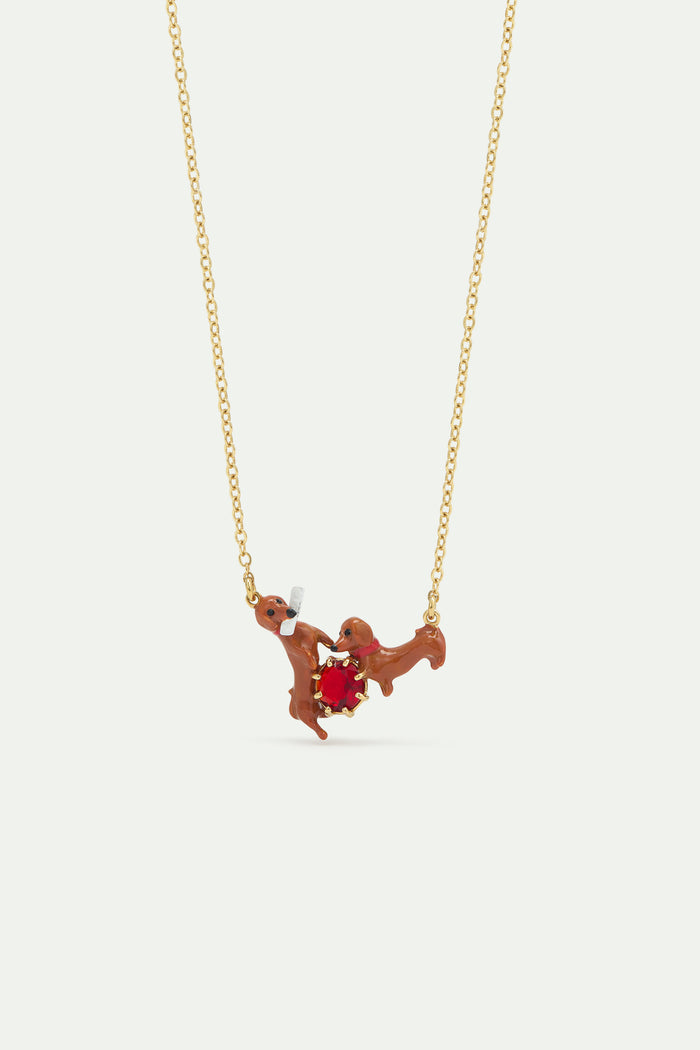 les néréides Les Néréides Loves Animals - Dachshund and Red Round Stone Statement Necklace - Multicolor