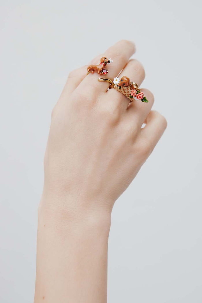 Les Néréides Les Néréides Loves Animals - Dachshund Daisy And Pink Stone Adjustable Ring - Multicolor