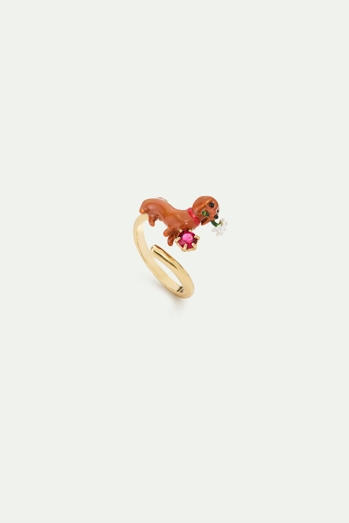 les néréides Les Néréides Loves Animals - Dachshund Daisy and Pink Stone Adjustable Ring - Multicolor