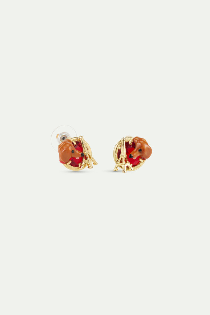 Les Néréides Les Néréides Loves Animals - Dachshund Post Earrings With Eiffel Tower And Garnet Red Stone - Multicolor