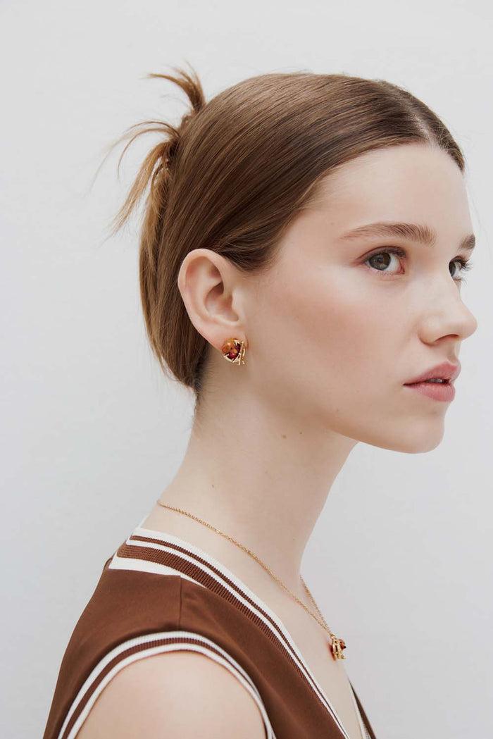 Les Néréides Les Néréides Loves Animals - Dachshund Post Earrings With Eiffel Tower And Garnet Red Stone - Multicolor