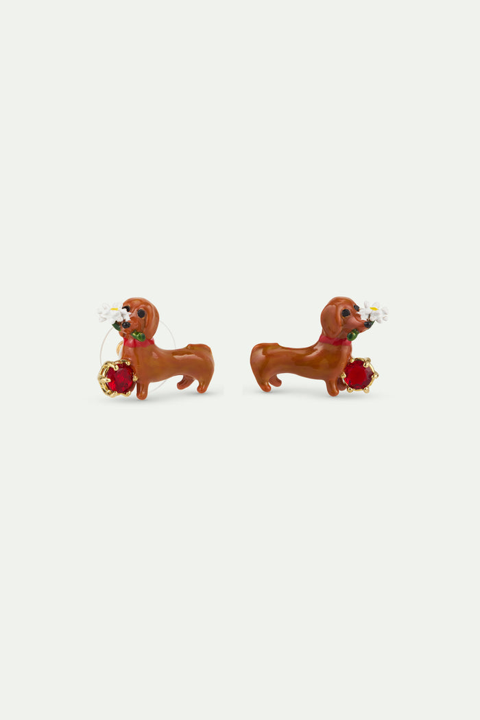 Les Néréides Les Néréides Loves Animals - Dachshund Post Earrings With Daisy And Garnet Red Stone - Multicolor