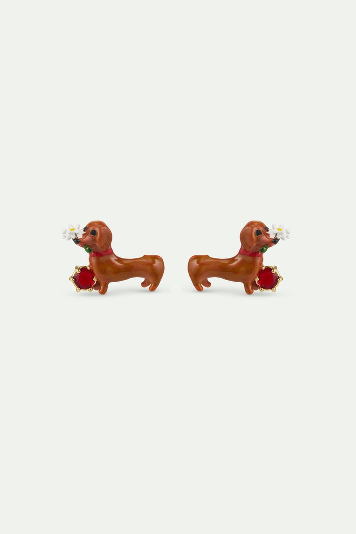 les néréides Les Néréides Loves Animals - Dachshund Post Earrings with Daisy and Garnet Red Stone - Multicolor