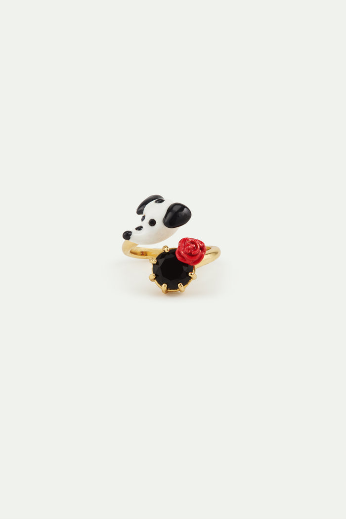 Les Néréides Les Néréides Loves Animals - Dalmatian Adjustable Ring With Black Faceted Round Stone And Red Rose - Multicolor