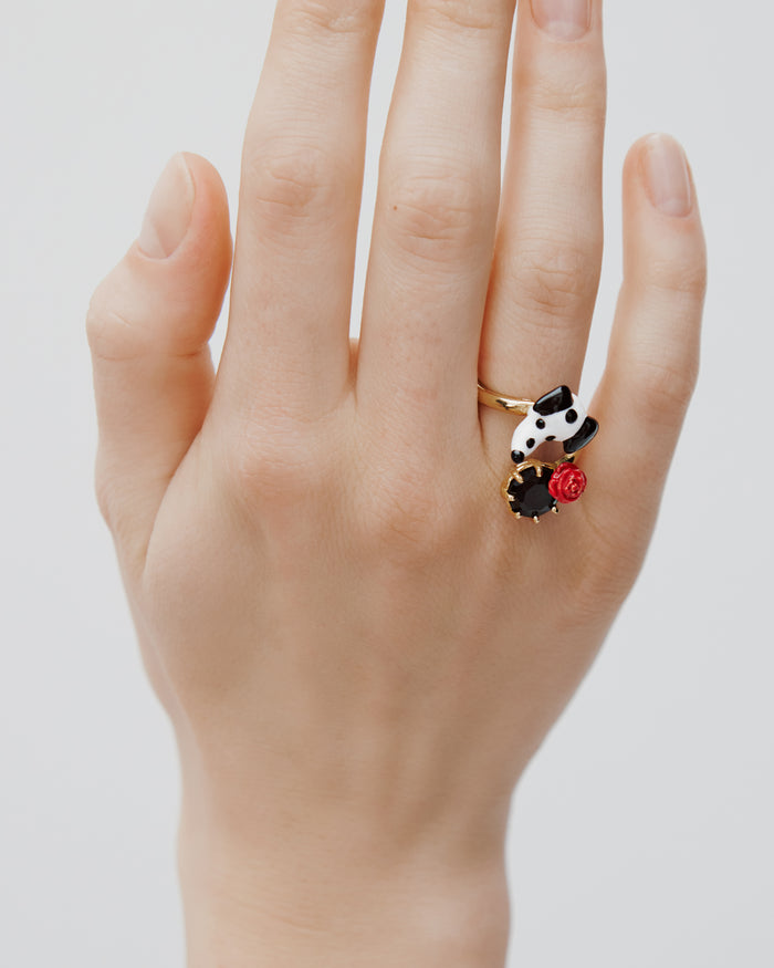Les Néréides Les Néréides Loves Animals - Dalmatian Adjustable Ring With Black Faceted Round Stone And Red Rose - Multicolor
