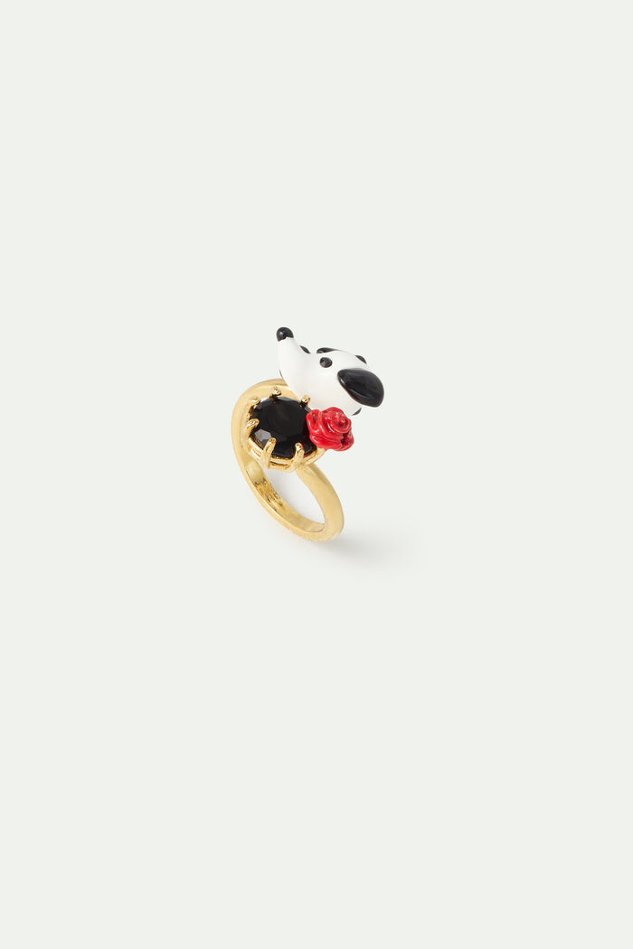 les néréides Les Néréides Loves Animals - Dalmatian Adjustable Ring with Black Faceted Round Stone and Red Rose - Multicolor