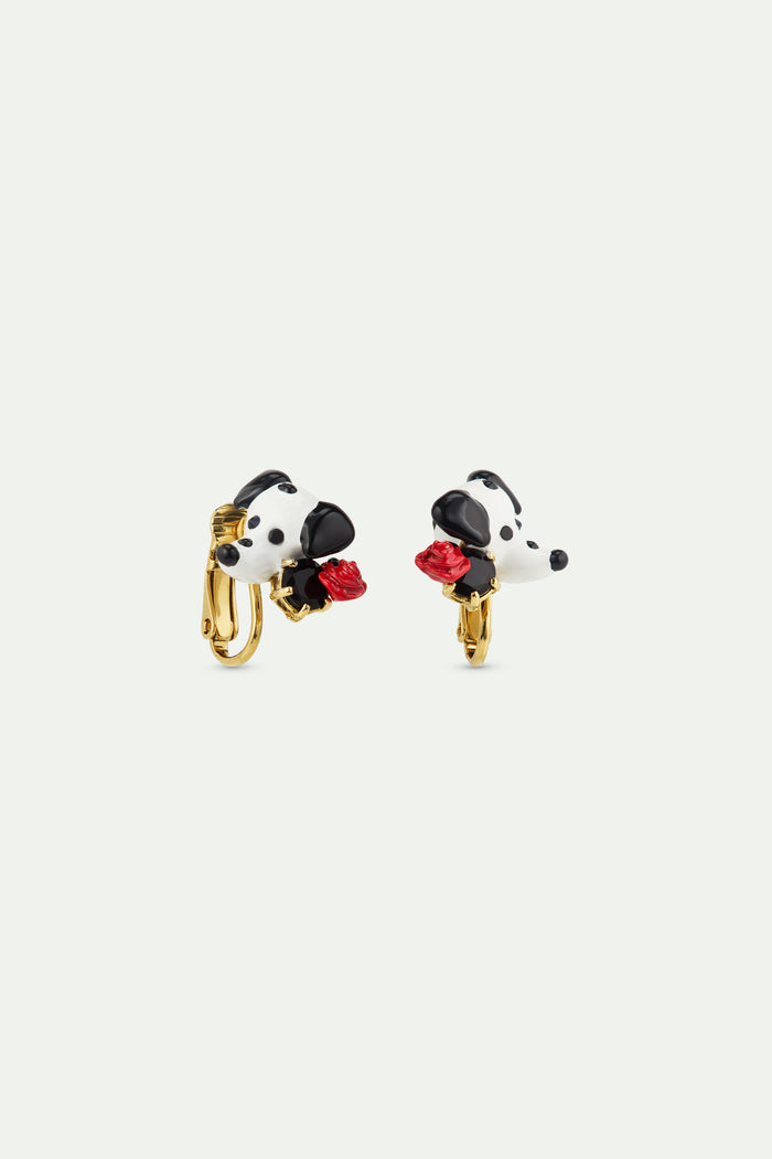 Les Néréides Les Néréides Loves Animals - Dalmatian Clip-On Earrings With Black Round Faceted Glass Stone And Red Rose - Multicolor