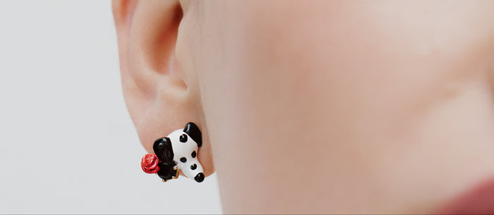 Les Néréides Les Néréides Loves Animals - Dalmatian Clip-On Earrings With Black Round Faceted Glass Stone And Red Rose - Multicolor