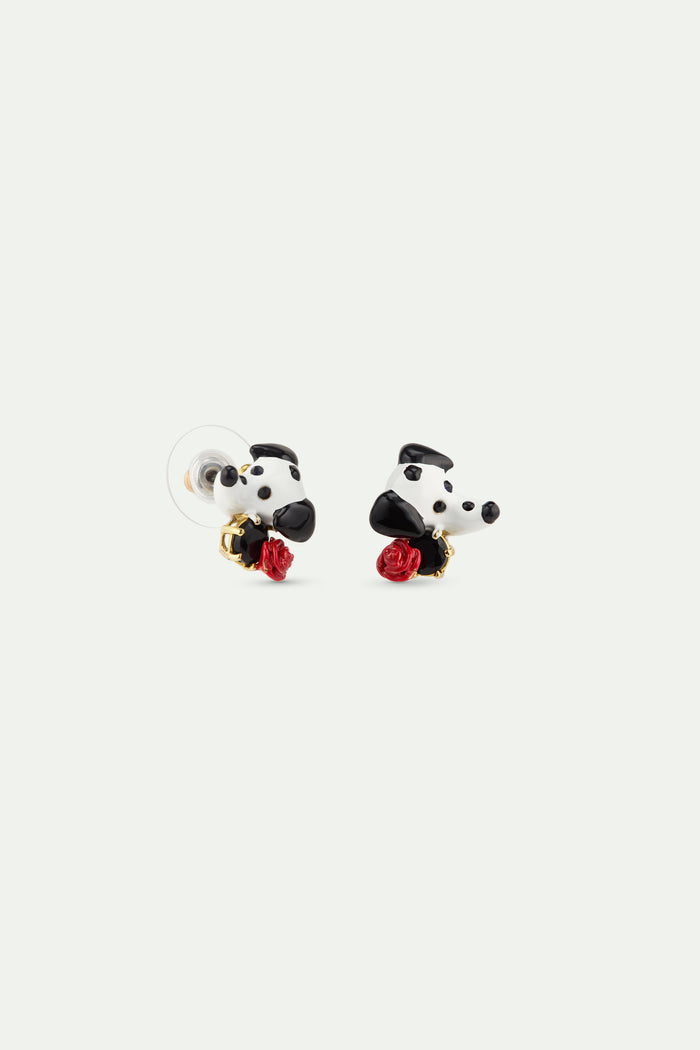 Les Néréides Les Néréides Loves Animals - Dalmatian Post Earrings With Black Round Faceted Glass Stone And Red Rose - Multicolor