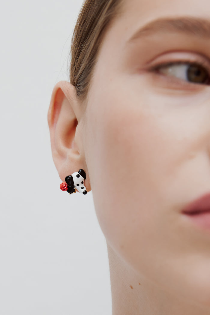 Les Néréides Les Néréides Loves Animals - Dalmatian Post Earrings With Black Round Faceted Glass Stone And Red Rose - Multicolor