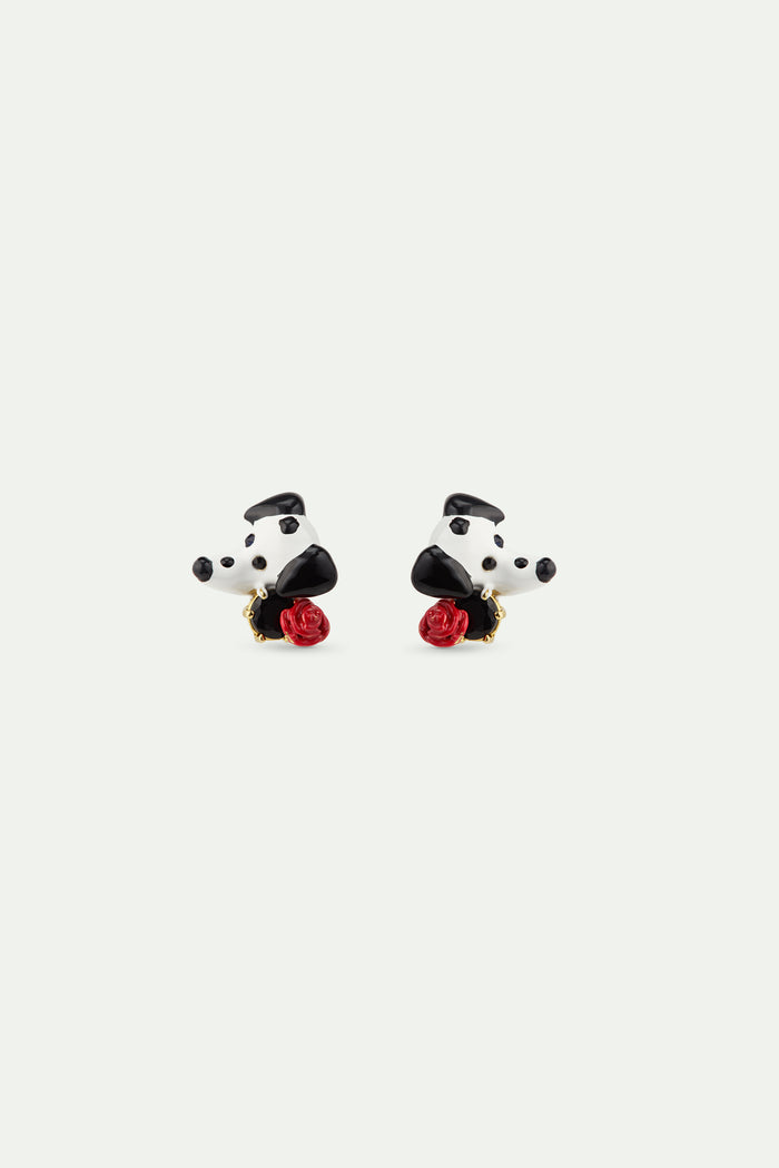 les néréides Les Néréides Loves Animals - Dalmatian Post Earrings with Black Round Faceted Glass Stone and Red Rose - Multicolor