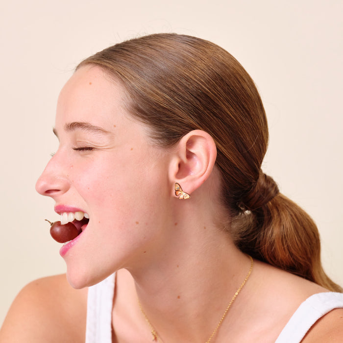 Les Néréides Les Néréides Loves Animals Enameled Butterfly And Stone Post Earrings - Beige