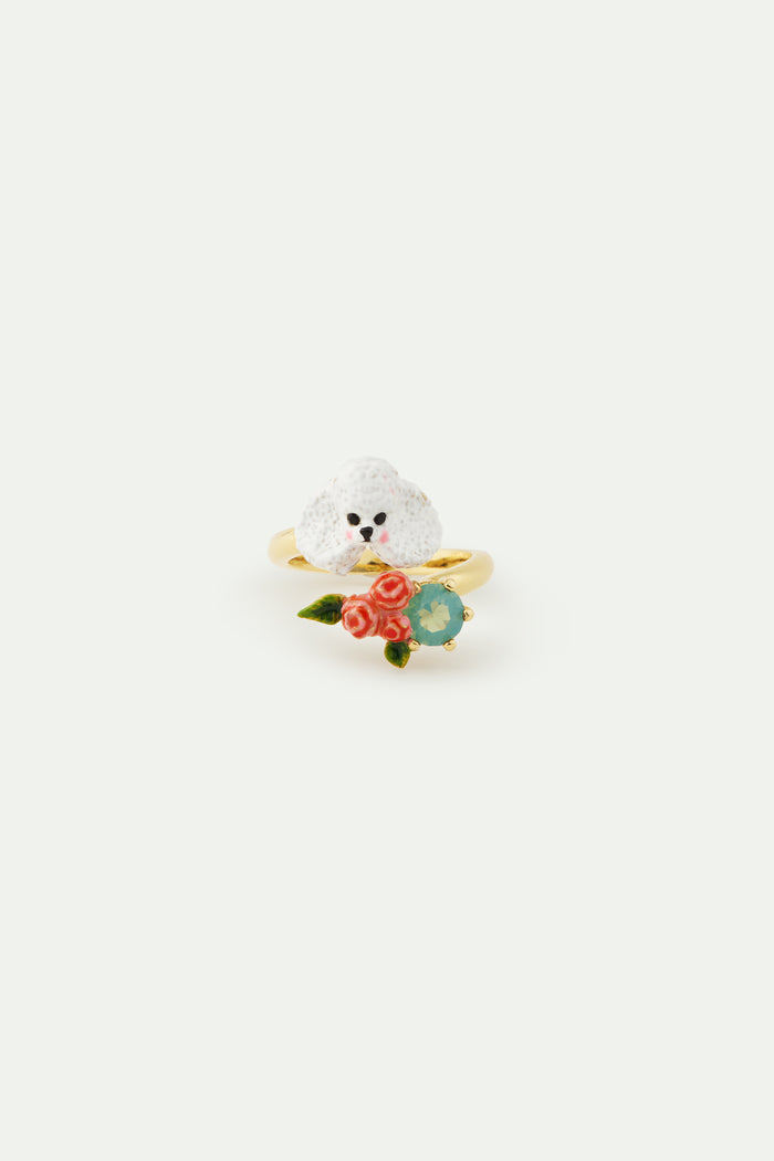 Les Néréides Les Néréides Loves Animals - Poodle Adjustable Ring With Pink Roses And A Blue Stone - Multicolor