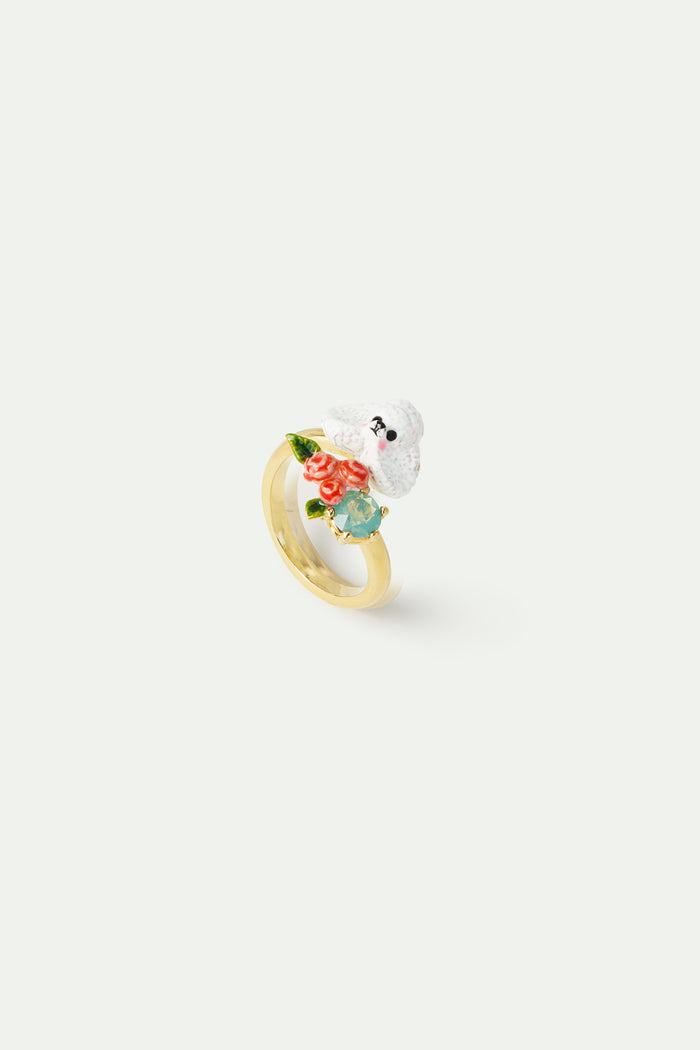 les néréides Les Néréides Loves Animals - Poodle Adjustable Ring with Pink Roses and a Blue Stone - Multicolor