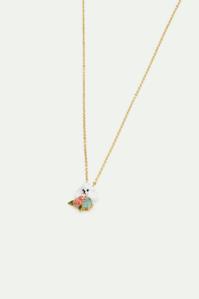 Les Néréides Les Néréides Loves Animals - Poodle Pendant Necklace With Pink Roses And A Blue Stone - Multicolor