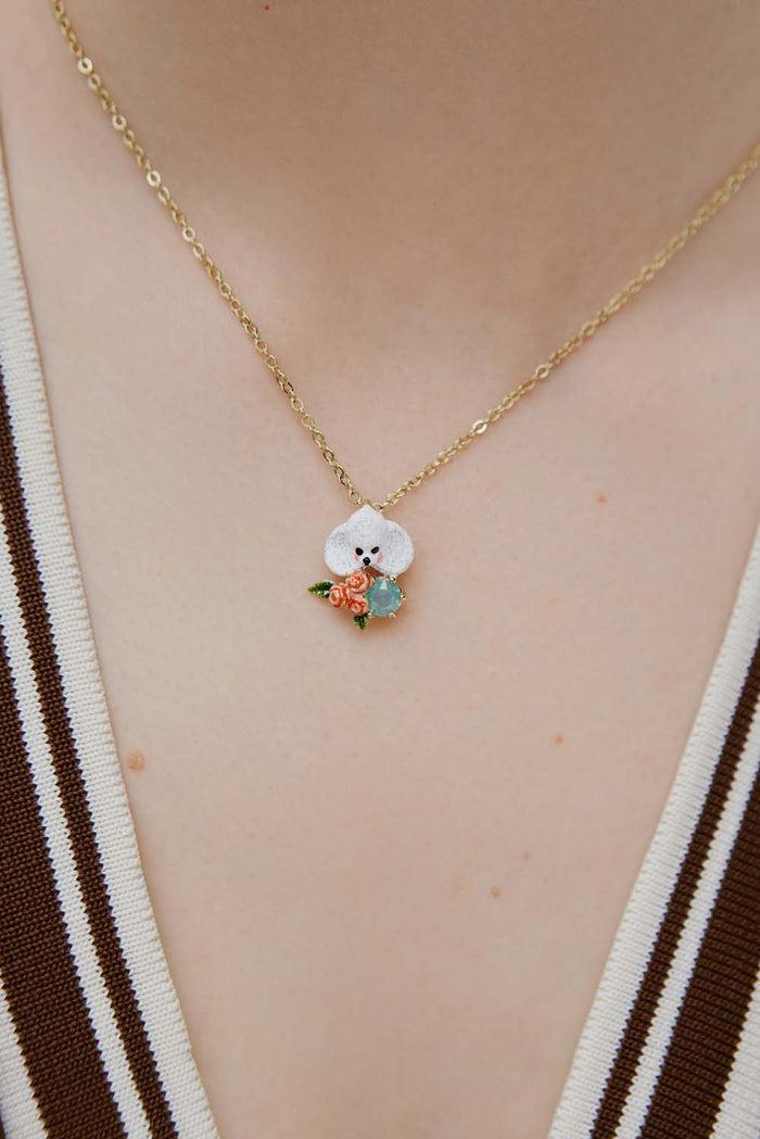 Les Néréides Les Néréides Loves Animals - Poodle Pendant Necklace With Pink Roses And A Blue Stone - Multicolor