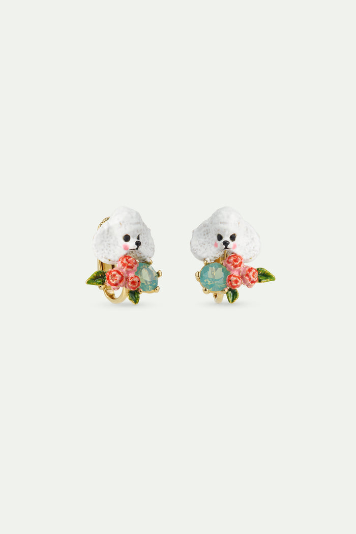Les Néréides Les Néréides Loves Animals - Poodle Pink Flowers And Blue Stone Clip-On Earrings - Multicolor