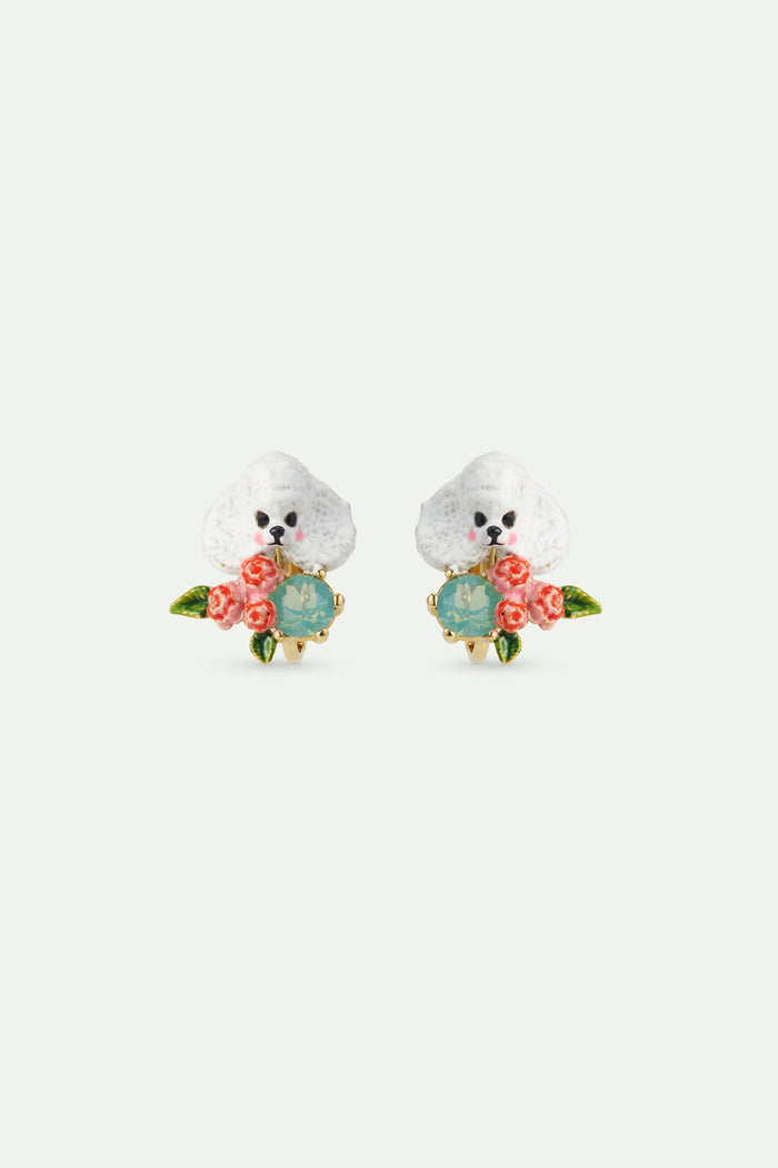 les néréides Les Néréides Loves Animals - Poodle Pink Flowers and Blue Stone Clip-On Earrings - Multicolor