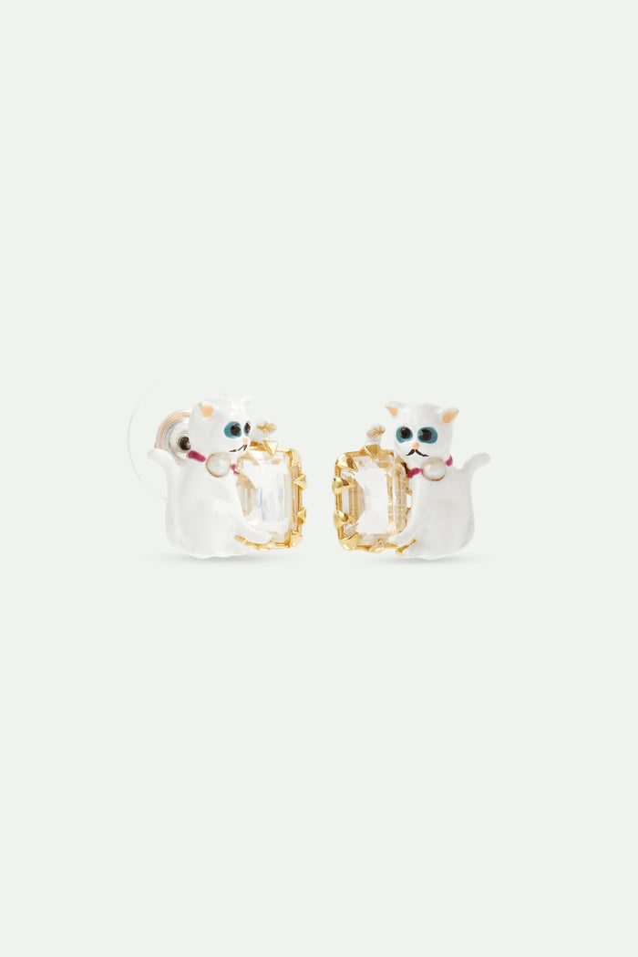 Les Néréides Les Néréides Loves Animals - White Cat And Faceted White Stone Post Earrings - White