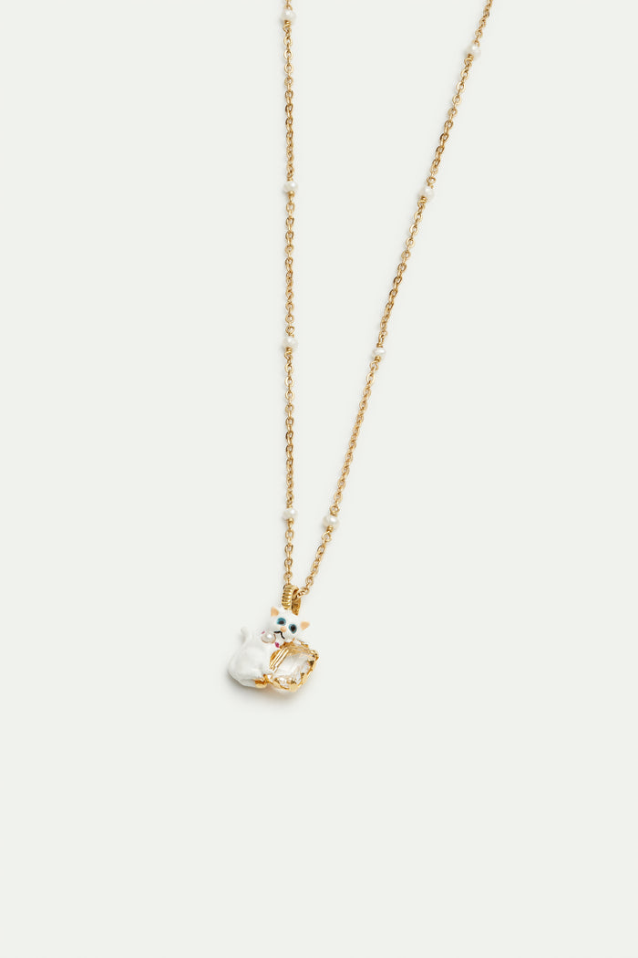Les Néréides Les Néréides Loves Animals - White Cat And White Faceted Stone Beaded Pendant Necklace - White