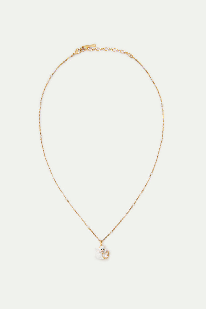 Les Néréides Les Néréides Loves Animals - White Cat And White Faceted Stone Beaded Pendant Necklace - White