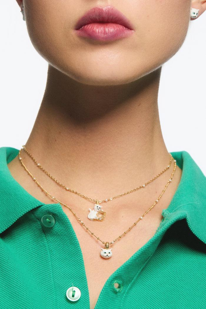 Les Néréides Les Néréides Loves Animals - White Cat And White Faceted Stone Beaded Pendant Necklace - White