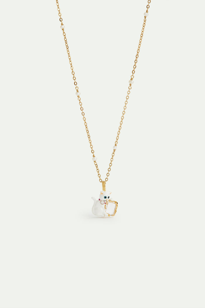 les néréides Les Néréides Loves Animals - White Cat and White Faceted Stone Beaded Pendant Necklace - White