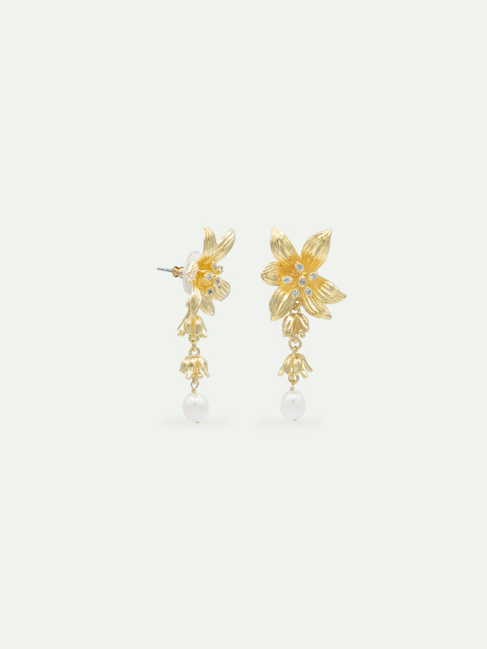 Les Néréides Lily Flower And Cultured Pearl Golden Dangle Earrings - Multicolor