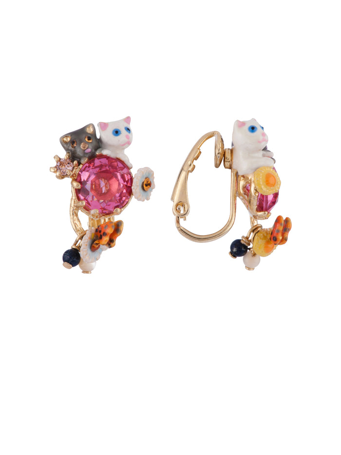 Les Néréides Little Cats Duo With Faceted Glass And Charms Clip Earrings - White