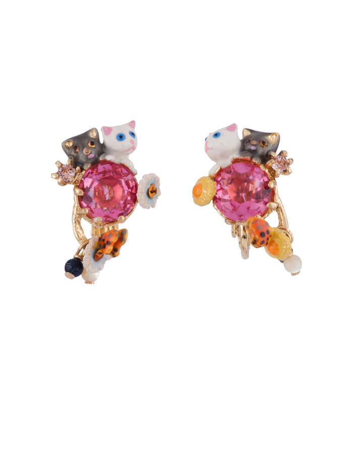 les néréides Little Cats Duo with Faceted Glass and Charms Clip Earrings - White