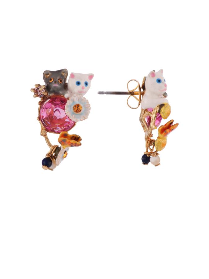 Les Néréides Little Cats Duo With Faceted Glass And Charms Earrings - As Seen On Taylor Swift - White