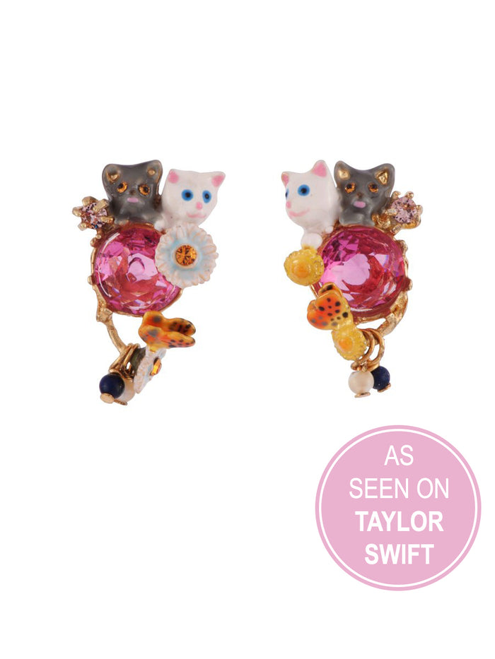 les néréides Little Cats Duo with Faceted Glass and Charms Earrings - As Seen on Taylor Swift - White