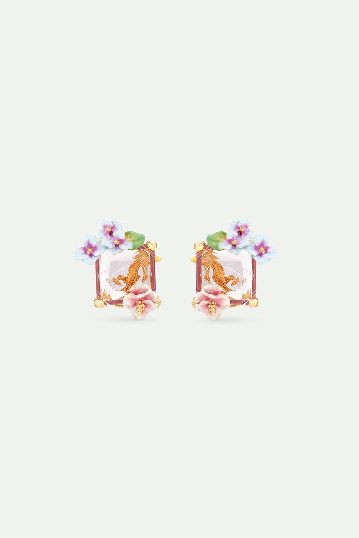 les néréides Lizard Post Earrings with Pink Cut Stone and Hydrangea Flowers - Multicolor