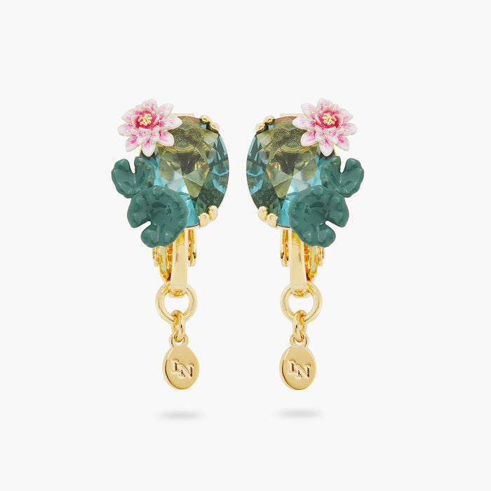 les néréides Lotus Flower and Blue Stone Clip-on Earrings - Blue
