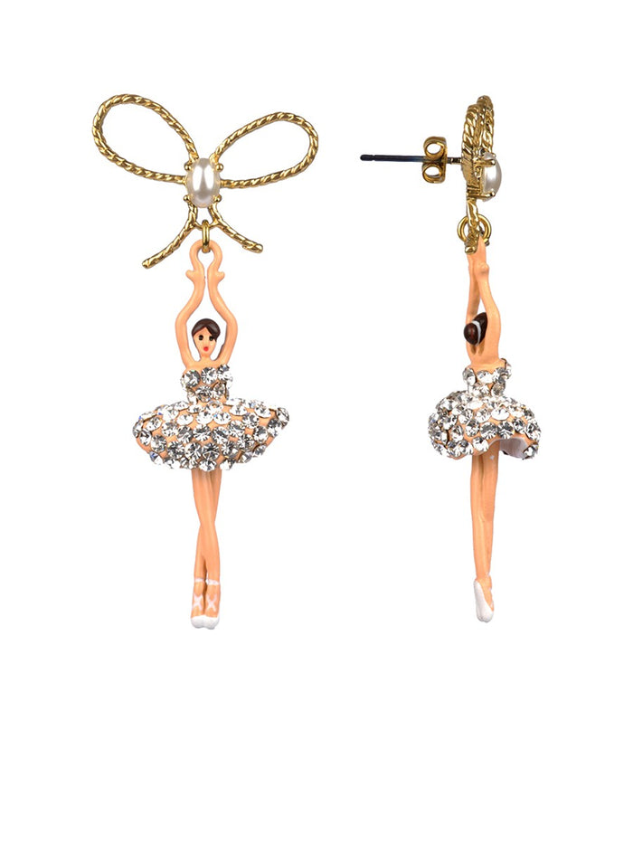 Les Néréides LUXURY PAS DE DEUX CRYSTAL RHINESTONE BALLERINA AND PEARL STUD EARRINGS - Silver Crystal