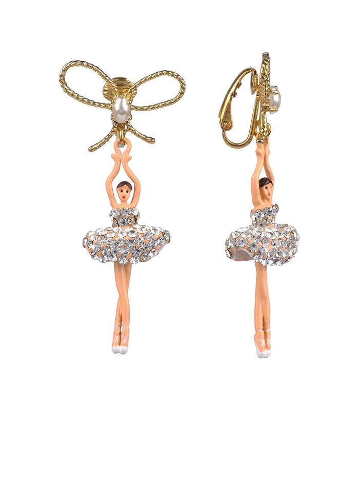 Les Néréides LUXURY PAS DE DEUX CRYSTAL RHINESTONE BALLERINA AND PEARL CLIP-ON EARRINGS - Silver Crystal